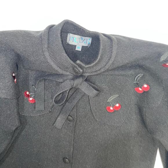 Fraze Black Cape Detailed Shoulder Sweater Cherries Tie Vintage Inspired Size 12 - Picture 12 of 16